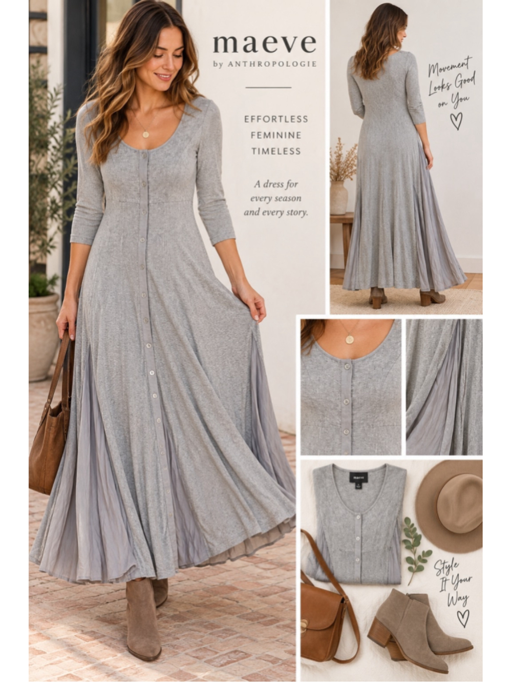 Maeve Anthropologie XS Gray Ribbed Button Front Maxi Dress Rayon Stretch